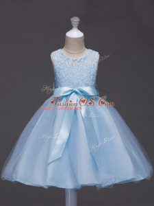 Light Blue Ball Gowns Lace and Belt Little Girls Pageant Gowns Zipper Tulle Sleeveless Knee Length