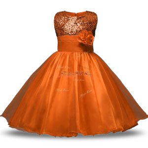 Rust Red Zipper Flower Girl Dresses for Less Belt and Hand Made Flower Sleeveless Knee Length