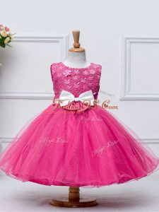 Hot Pink Zipper Little Girls Pageant Dress Wholesale Lace and Bowknot Sleeveless Knee Length