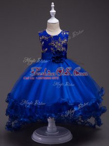 Latest Royal Blue Tulle Zipper Little Girls Pageant Dress Wholesale Sleeveless High Low Appliques and Hand Made Flower