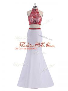 Beautiful White Two Pieces Beading Prom Dresses Criss Cross Satin Sleeveless Floor Length
