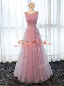 Tulle Scoop Sleeveless Zipper Beading and Belt Evening Dress in Pink