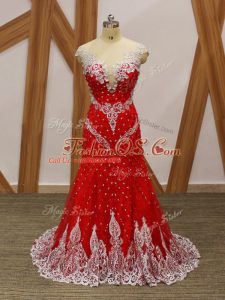 Delicate Red Cap Sleeves Tulle Brush Train Zipper Evening Gowns for Prom and Party and Sweet 16