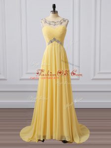 Beautiful Yellow Sleeveless Brush Train Beading and Ruching Party Dress for Girls
