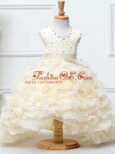 Nice Sleeveless Zipper High Low Beading and Ruffles Child Pageant Dress