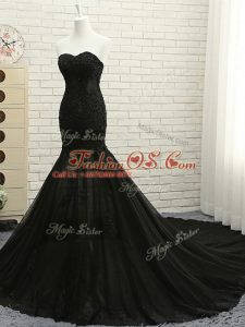 Black Sleeveless Court Train Lace and Appliques Evening Dress