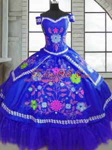 Elegant Short Sleeves Taffeta Floor Length Lace Up 15 Quinceanera Dress in Blue with Beading and Embroidery