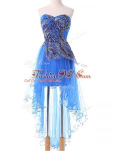 Sleeveless High Low Appliques Lace Up Homecoming Dress with Blue