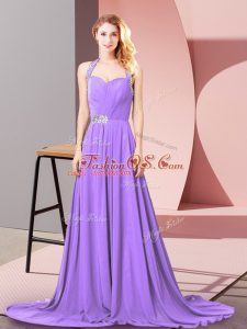 Lavender Chiffon Zipper Dress Like A Star Sleeveless Brush Train Beading and Ruching