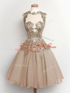 Pretty Brown Lace Up High-neck Lace Bridesmaid Dresses Chiffon Sleeveless