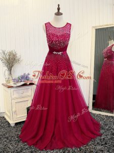 Sleeveless Brush Train Zipper Beading and Belt Celebrity Evening Dresses