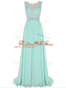 Superior Sleeveless Chiffon Brush Train Backless Going Out Dresses in Apple Green with Beading and Lace and Appliques