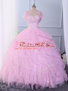 Pink 15 Quinceanera Dress Military Ball and Sweet 16 and Quinceanera with Beading and Ruffles Sweetheart Sleeveless Lace Up