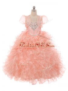 Organza Straps Sleeveless Lace Up Beading and Ruffles Little Girls Pageant Dress Wholesale in Peach