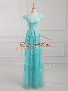 Empire Mother Of The Bride Dress Aqua Blue Scoop Tulle Short Sleeves Floor Length Lace Up