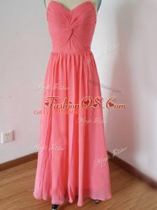 Flare Watermelon Red Zipper Wedding Party Dress Ruching Sleeveless Floor Length