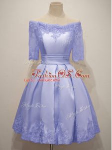 Half Sleeves Lace Up Knee Length Lace Bridesmaid Dress