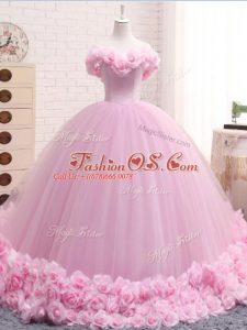 Baby Pink Tulle Lace Up Sweet 16 Quinceanera Dress Sleeveless Brush Train Hand Made Flower