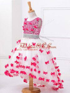 Great High Low White Little Girl Pageant Gowns Tulle Sleeveless Beading and Appliques