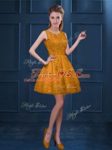 Scoop Sleeveless Dama Dress for Quinceanera Knee Length Lace and Ruffled Layers Gold Tulle