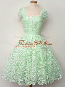 Apple Green Lace Up Bridesmaids Dress Lace Cap Sleeves Knee Length