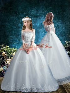 Noble White Off The Shoulder Neckline Lace Flower Girl Dresses for Less Half Sleeves Clasp Handle