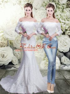 Custom Designed White Lace Up Wedding Gown Lace 3 4 Length Sleeve Brush Train
