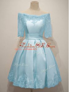 Light Blue A-line Lace Bridesmaids Dress Lace Up Taffeta Half Sleeves Knee Length