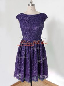 Purple Lace Up Scoop Lace Bridesmaid Dresses Lace Cap Sleeves