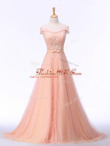 Most Popular Peach Sleeveless Beading and Lace and Belt Lace Up Evening Outfits