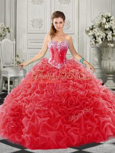 Cute Red Ball Gowns Sweetheart Sleeveless Organza Court Train Lace Up Beading and Ruffles Quinceanera Dresses