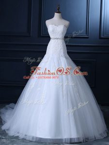 White Mermaid Beading and Lace Wedding Dress Lace Up Tulle Sleeveless