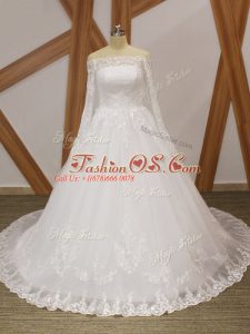 White Wedding Gown Organza Court Train Long Sleeves Beading and Appliques
