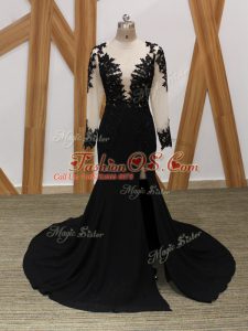 Most Popular Long Sleeves Chiffon Brush Train Zipper Mother Of The Bride Dress in Black with Lace and Appliques