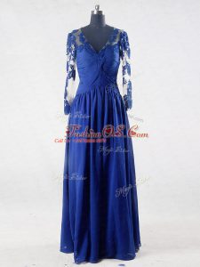 Suitable Floor Length Empire Long Sleeves Blue Mother Of The Bride Dress Zipper