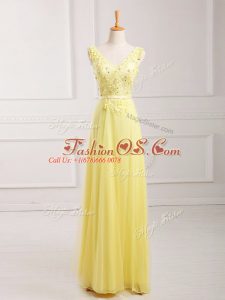 Chic Yellow Chiffon Zipper Homecoming Dress Sleeveless Floor Length Lace and Appliques and Belt
