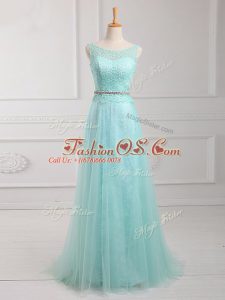 Customized Apple Green Prom Gown Prom and Party with Lace and Belt Scoop Long Sleeves Zipper