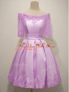 Lilac A-line Taffeta Off The Shoulder Half Sleeves Lace Knee Length Lace Up Quinceanera Dama Dress