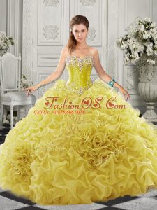 Sweetheart Sleeveless Court Train Lace Up Quinceanera Dresses Yellow Organza
