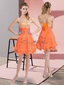 Orange Lace Up Cocktail Dresses Beading and Ruffled Layers and Ruching Sleeveless Mini Length
