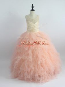 Fantastic Peach Zipper Little Girl Pageant Dress Appliques and Ruffles Sleeveless Floor Length