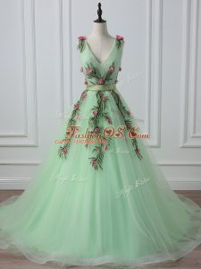 Apple Green V-neck Lace Up Belt and Hand Made Flower Evening Dress Court Train Sleeveless