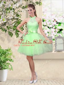Lace Up Wedding Party Dress Lace and Belt Sleeveless Knee Length