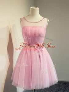 Dazzling Belt Wedding Party Dress Rose Pink Lace Up Sleeveless Knee Length