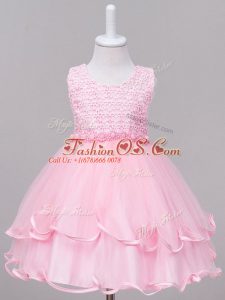 Inexpensive Ball Gowns Child Pageant Dress Baby Pink Scoop Tulle Sleeveless Knee Length Zipper