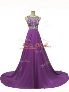 Eggplant Purple Sleeveless Chiffon Brush Train Backless Going Out Dresses for Prom and Party