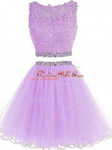 Beading and Lace and Appliques Homecoming Dresses Lavender Zipper Sleeveless Mini Length