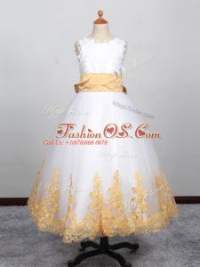 Sleeveless Lace Up Floor Length Appliques Little Girl Pageant Dress