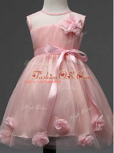 Sleeveless Knee Length Hand Made Flower Zipper Little Girls Pageant Dress Wholesale with Pink