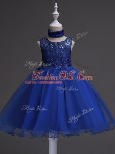 Royal Blue Scoop Neckline Beading and Lace Girls Pageant Dresses Sleeveless Zipper